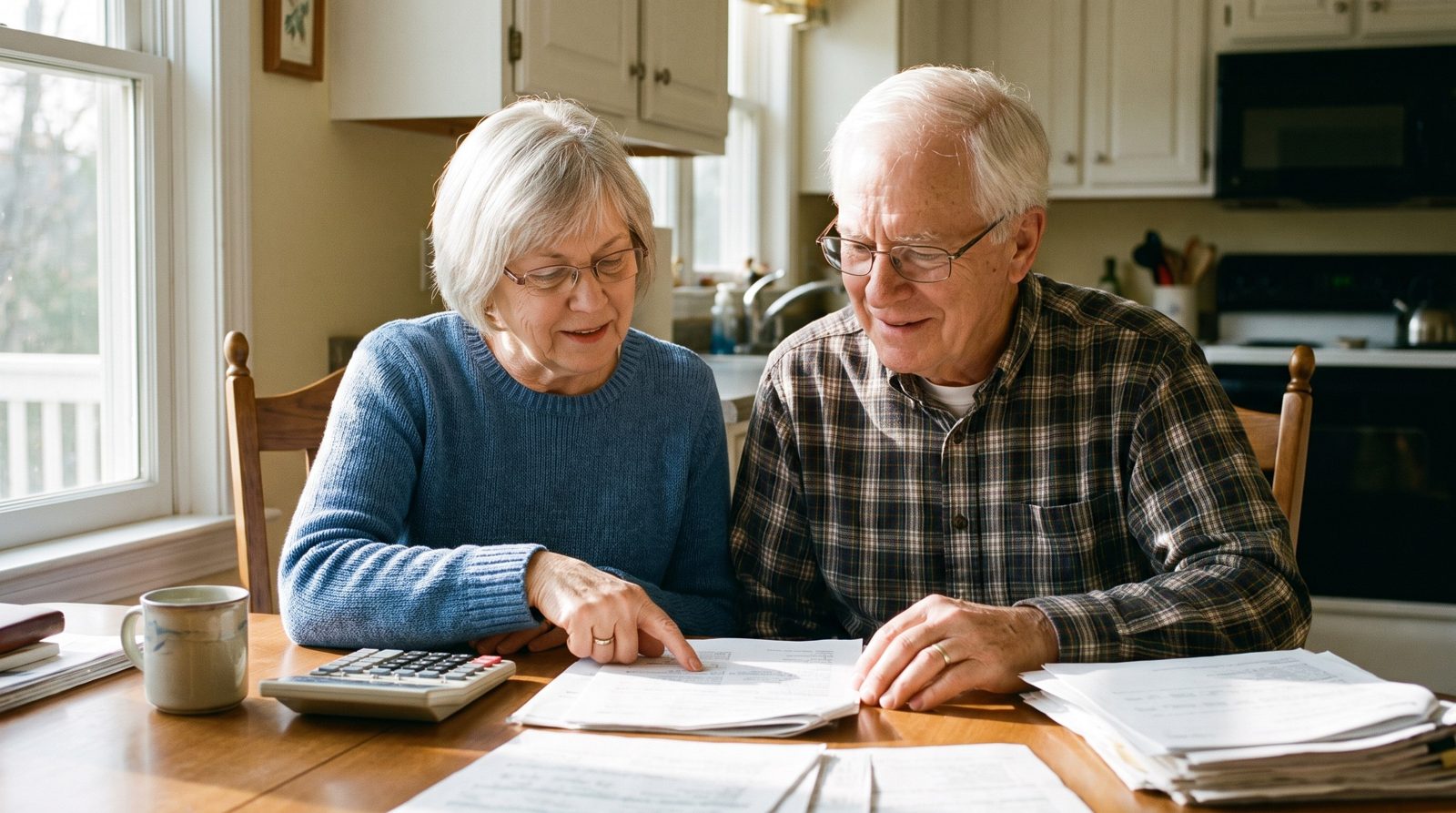 A retired couple going through papers together at their kitchen table